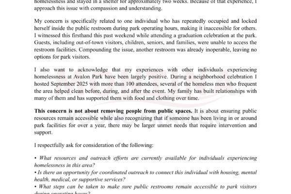 Why I Sent a Letter Regarding the Homeless Living at Avalon Park